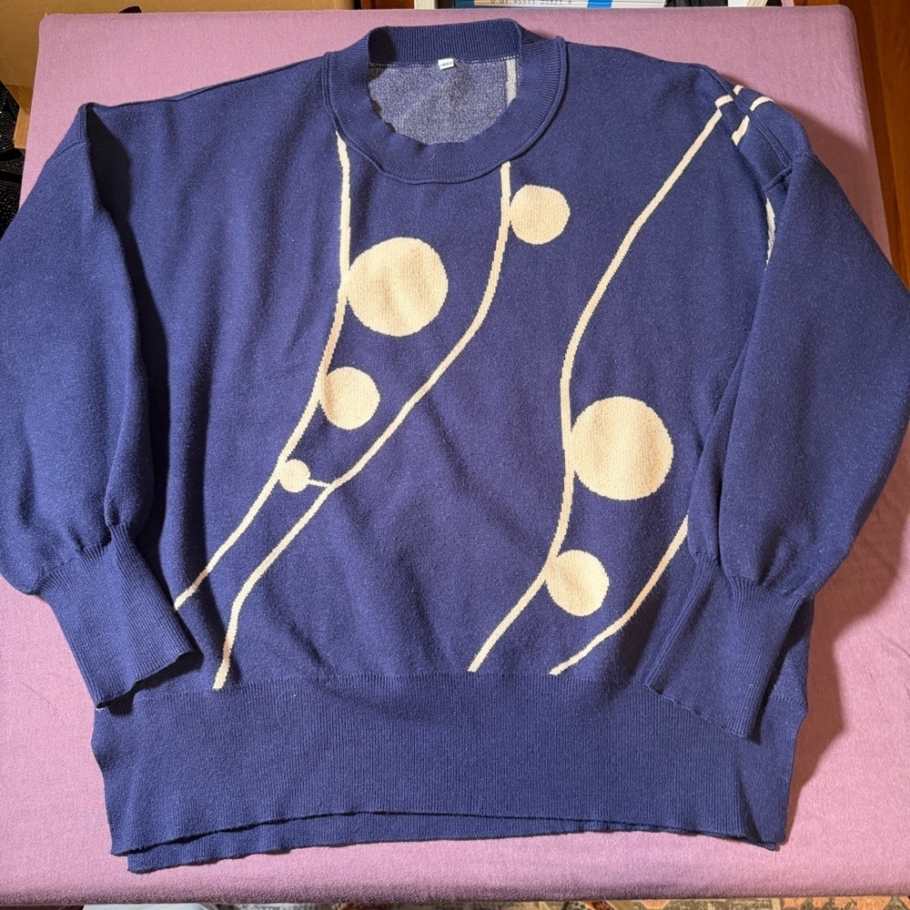 Abstract Pattern Crewneck Sweatshirt Statement Sleeves in Navy Blue - Size XL